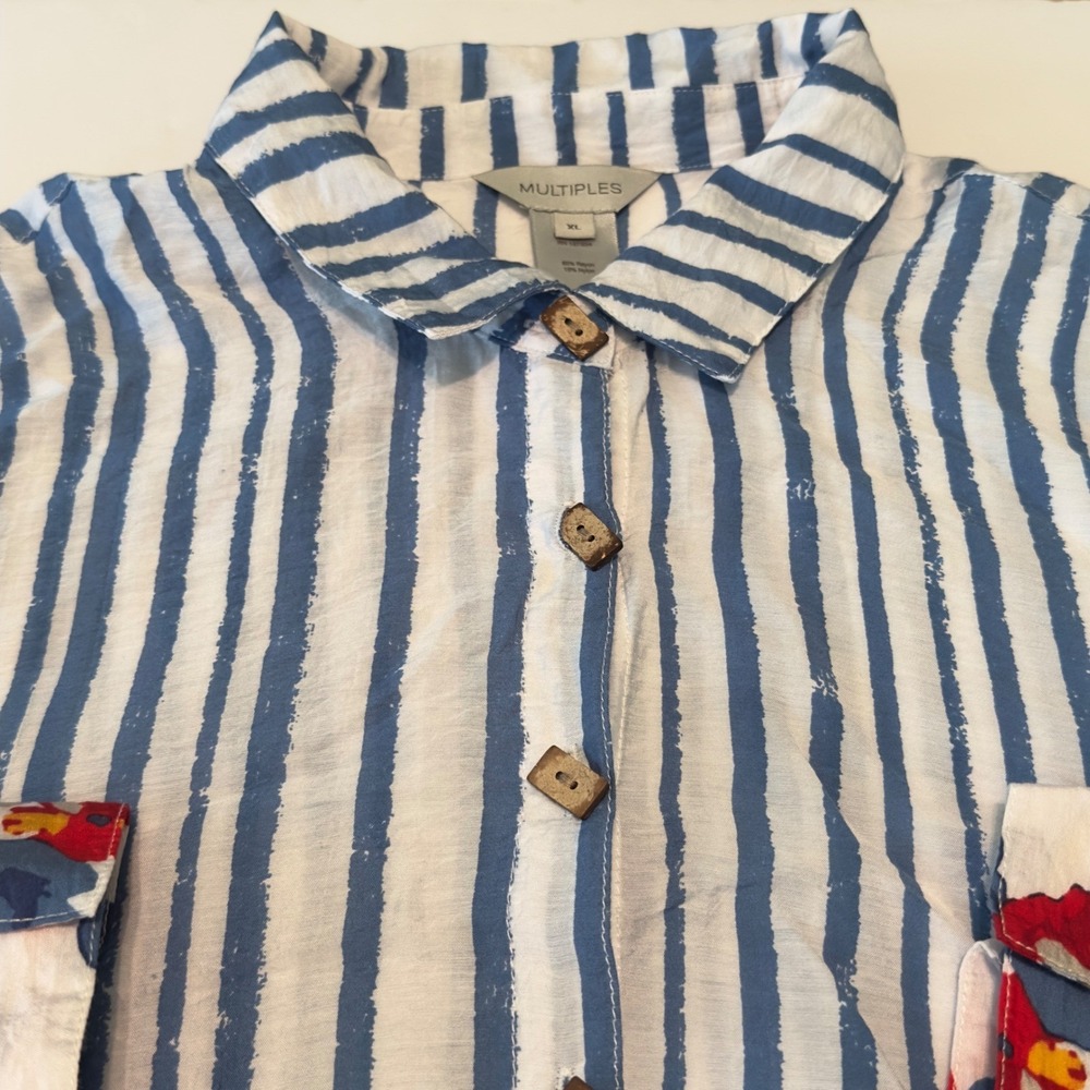 Multiples Blue & White Striped Floral Button-Up Blouse - Picture 3 of 10